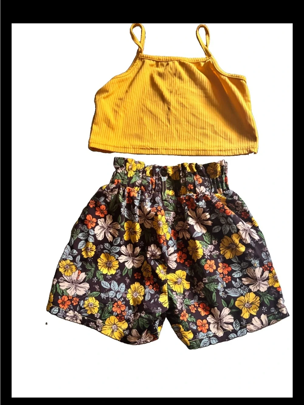 SHEIN Yellow Ribbed Crop Tank with Black Floral Elastic-Waist Shorts